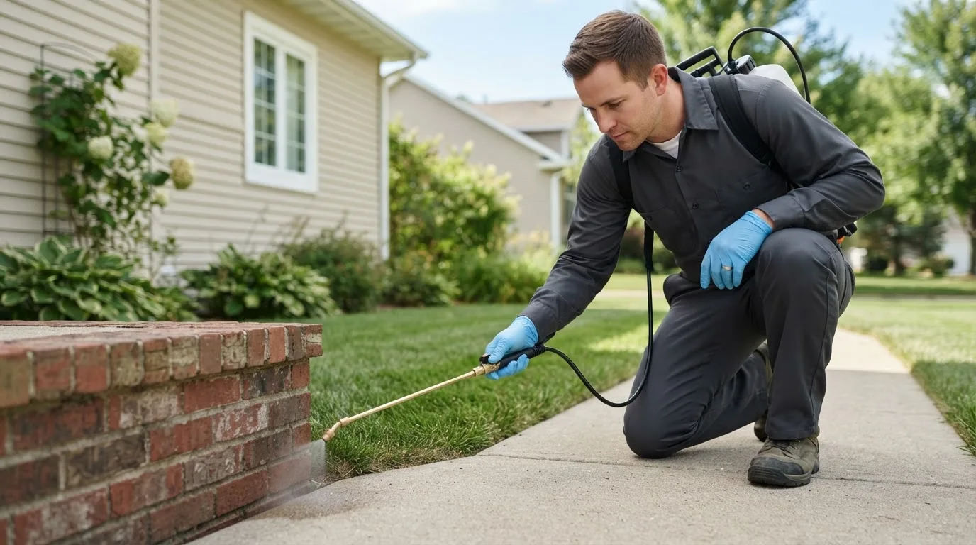 Pest control technician treating a home near Amalia, NM