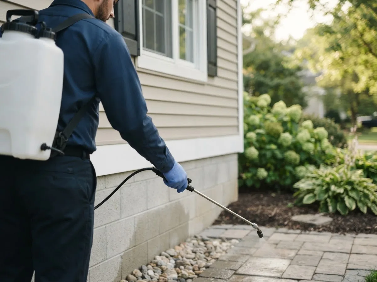 Pest control technician inspecting a home in Amalia, NM
